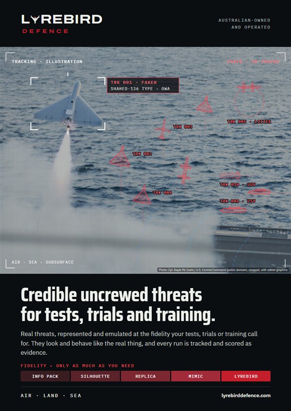 The brochure cover: a one-way attack drone launching over the sea under a red tracking overlay, with the headline Credible uncrewed threats for tests, trials and training